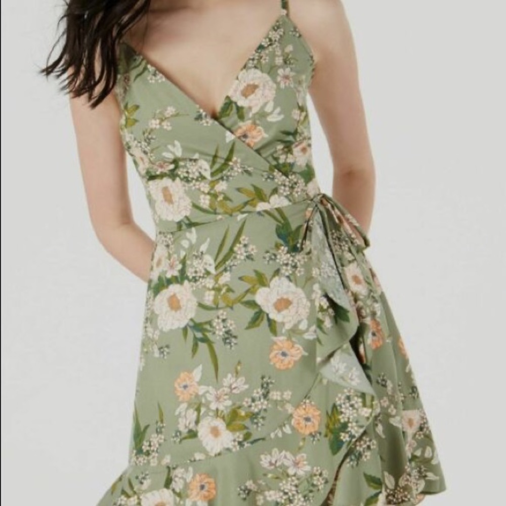 NWOT Green Floral Faux-Wrap Fit & Flare Dress